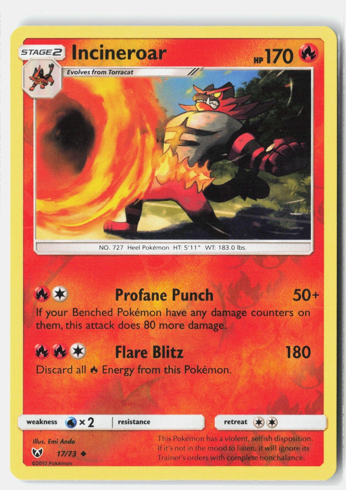 Incineroar Uncommon Reverse Holo Shining Legends 17/73 NM Emi Ando