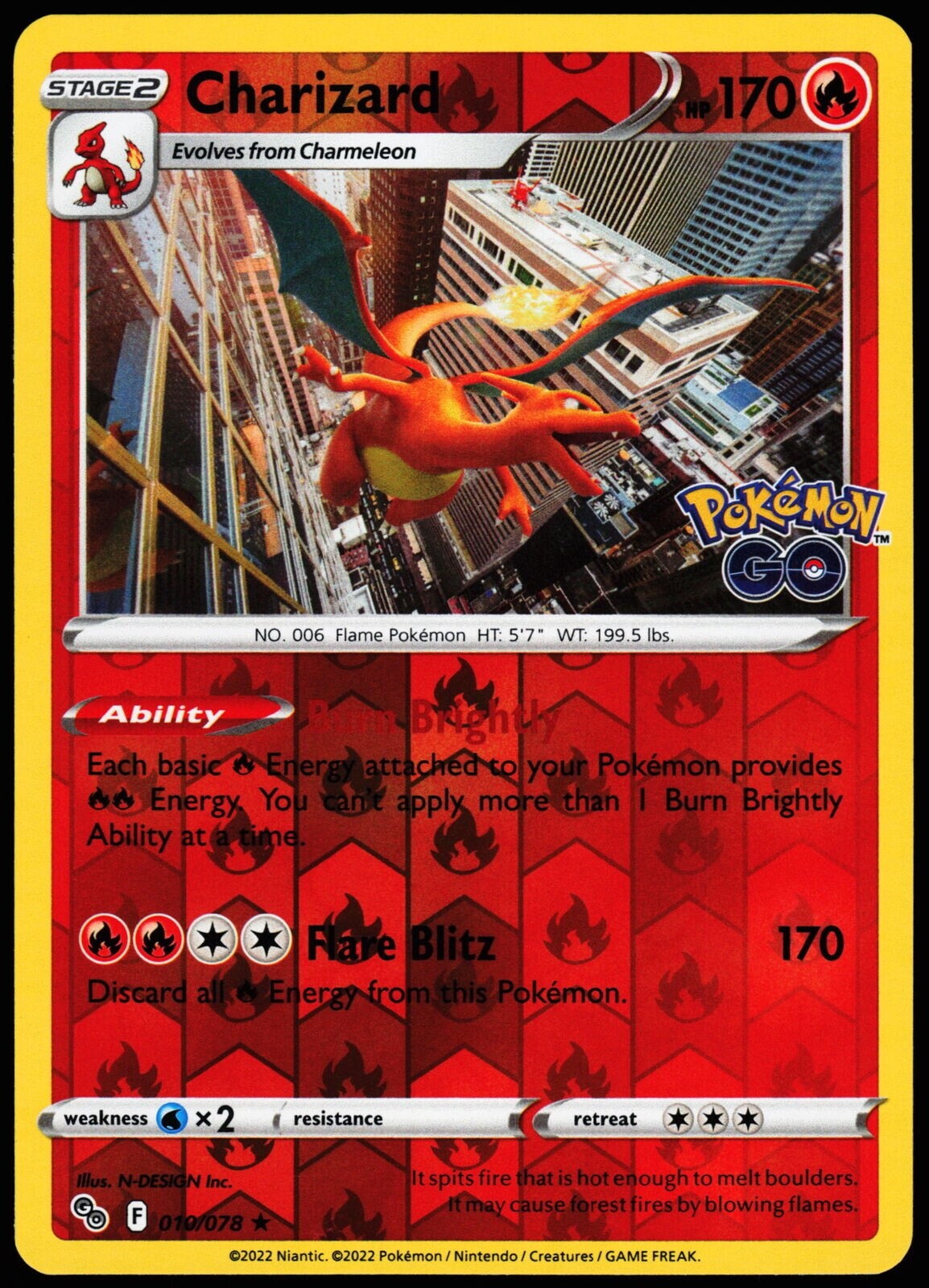 Pokemon – Charizard – 010/078 – Reverse Holo Rare – Pokemon GO – NM/M