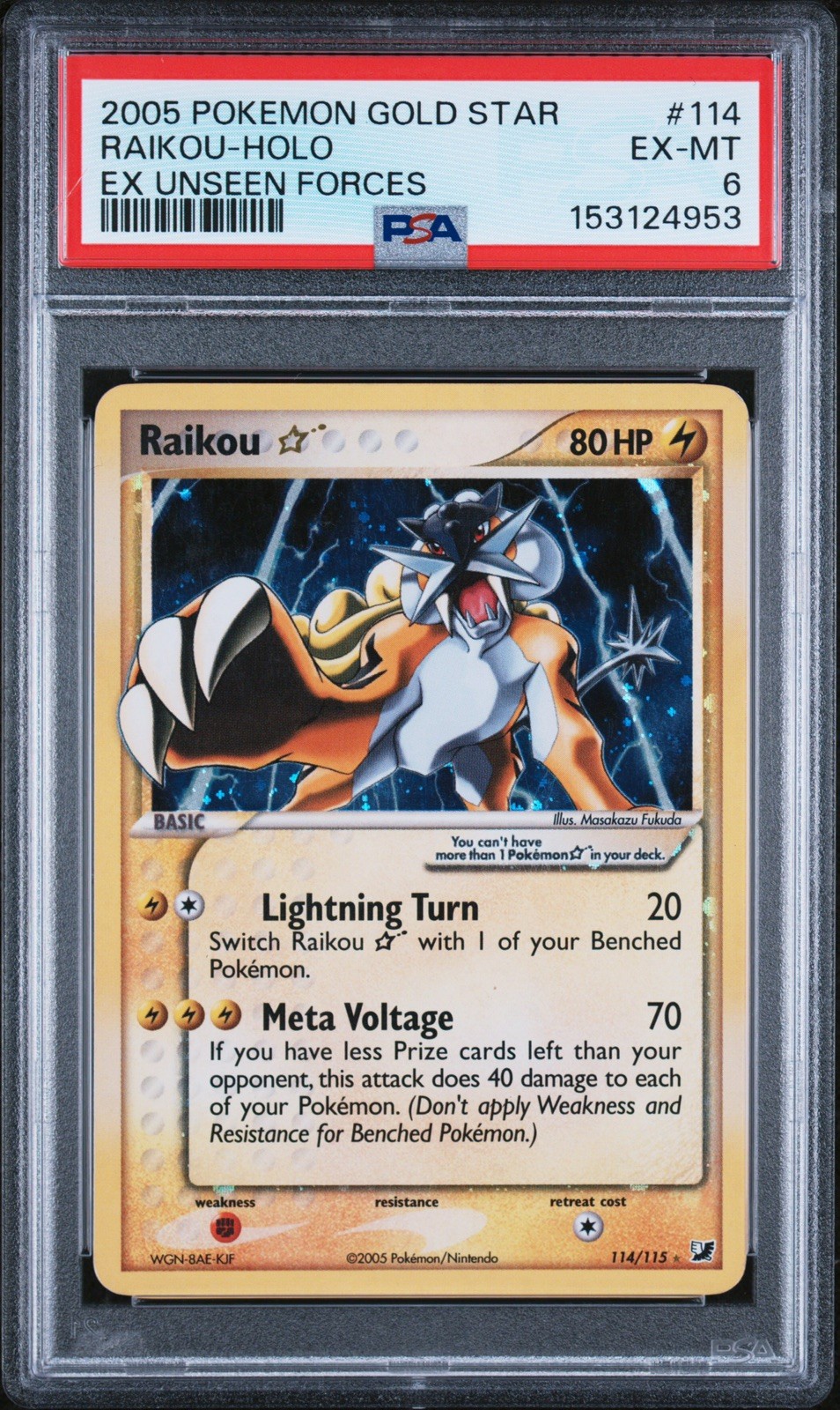 2005 POKEMON EX UNSEEN FORCES GOLD STAR #114 RAIKOU-HOLO PSA 6