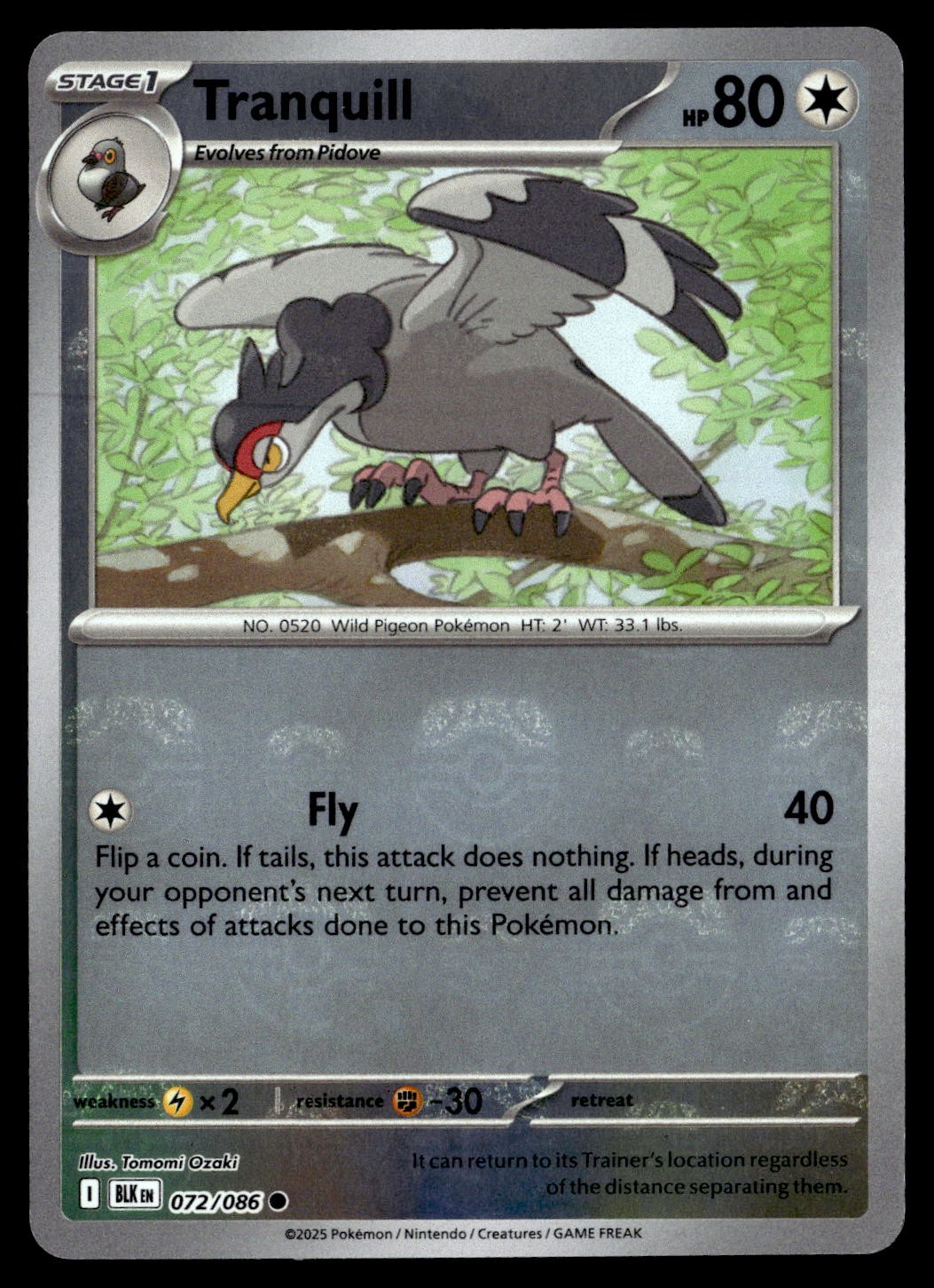 Tranquill (Master Ball Pattern) 072/086 Common Black Bolt Pokemon Holo Near Mint