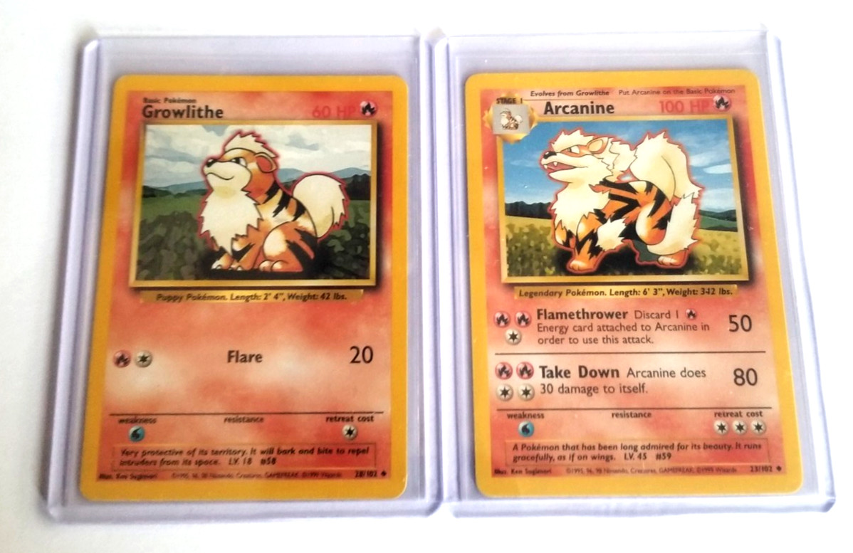Growlithe 28/102 + Arcanine 23/102 – Pokemon – Base Set – Vintage – Near Mint