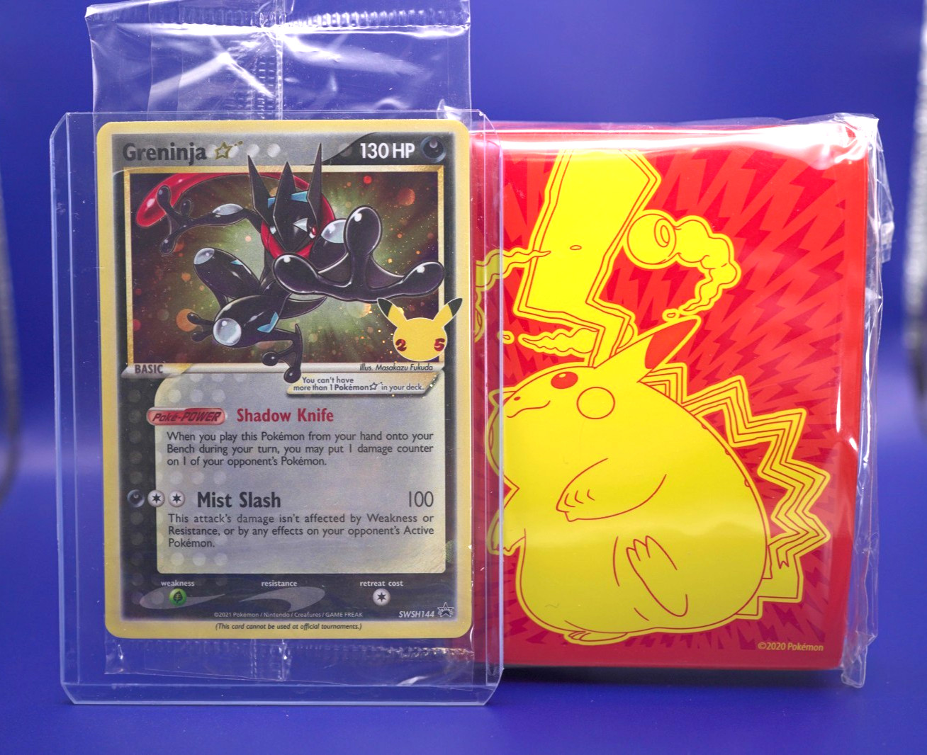 Sealed Greninja SWSH144 Gold Star Celebrations Promo + Pikachu VMAX Sleeves