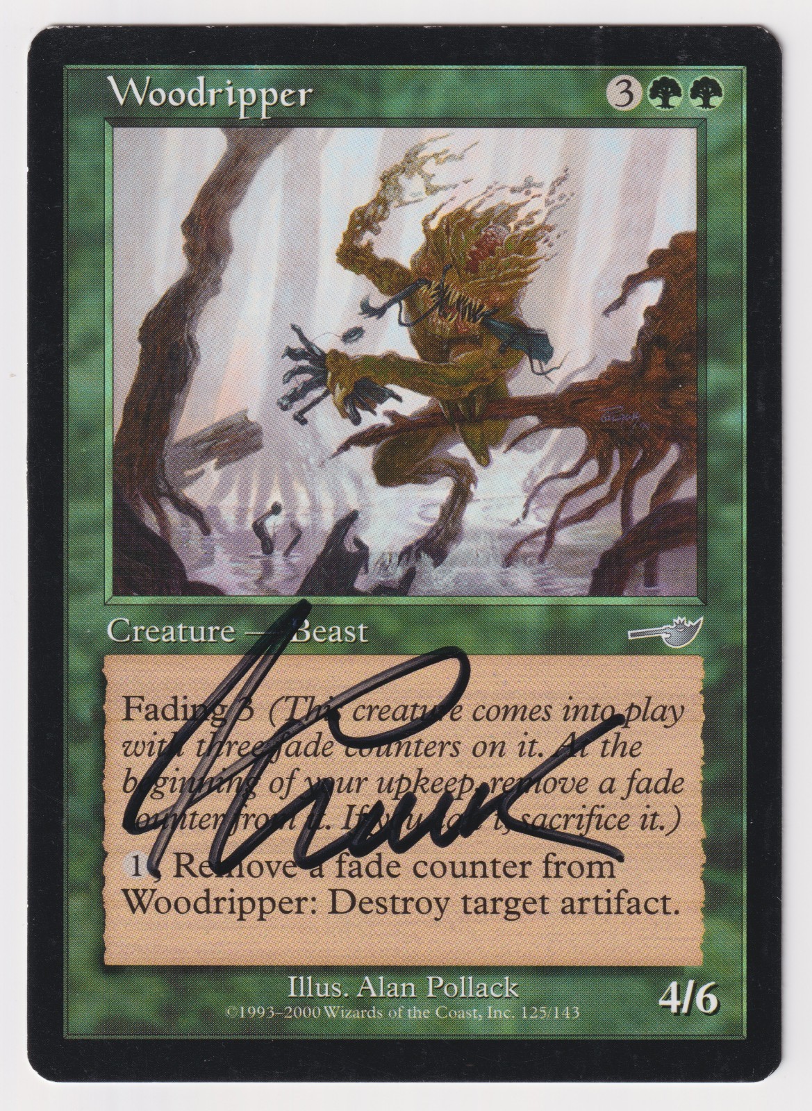 Signed Woodripper HP Nemesis Artist Alan Pollack 2000 WOTC MTG Magic Green Beast