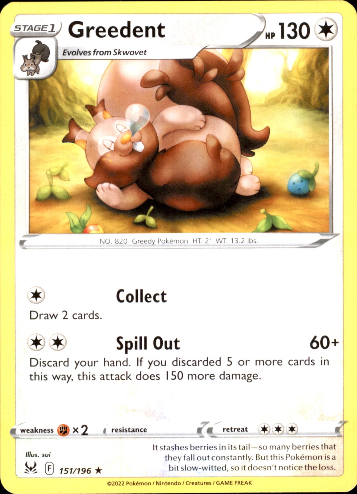 Greedent 151/196 Rare – Pokemon SWSH11: Lost Origin 2022 NM