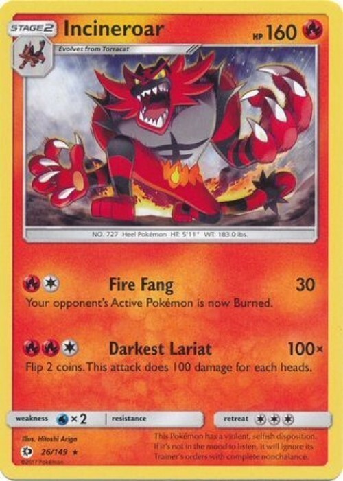Pokémon TCG – Incineroar – 26/149 – Rare – Sun & Moon (Base Set) [Near Mint]