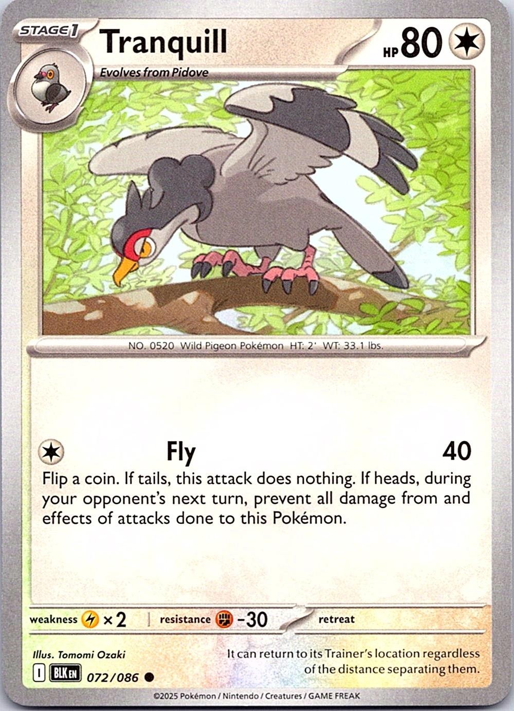 Tranquill 072/086 Common Black Bolt Pokemon Near Mint