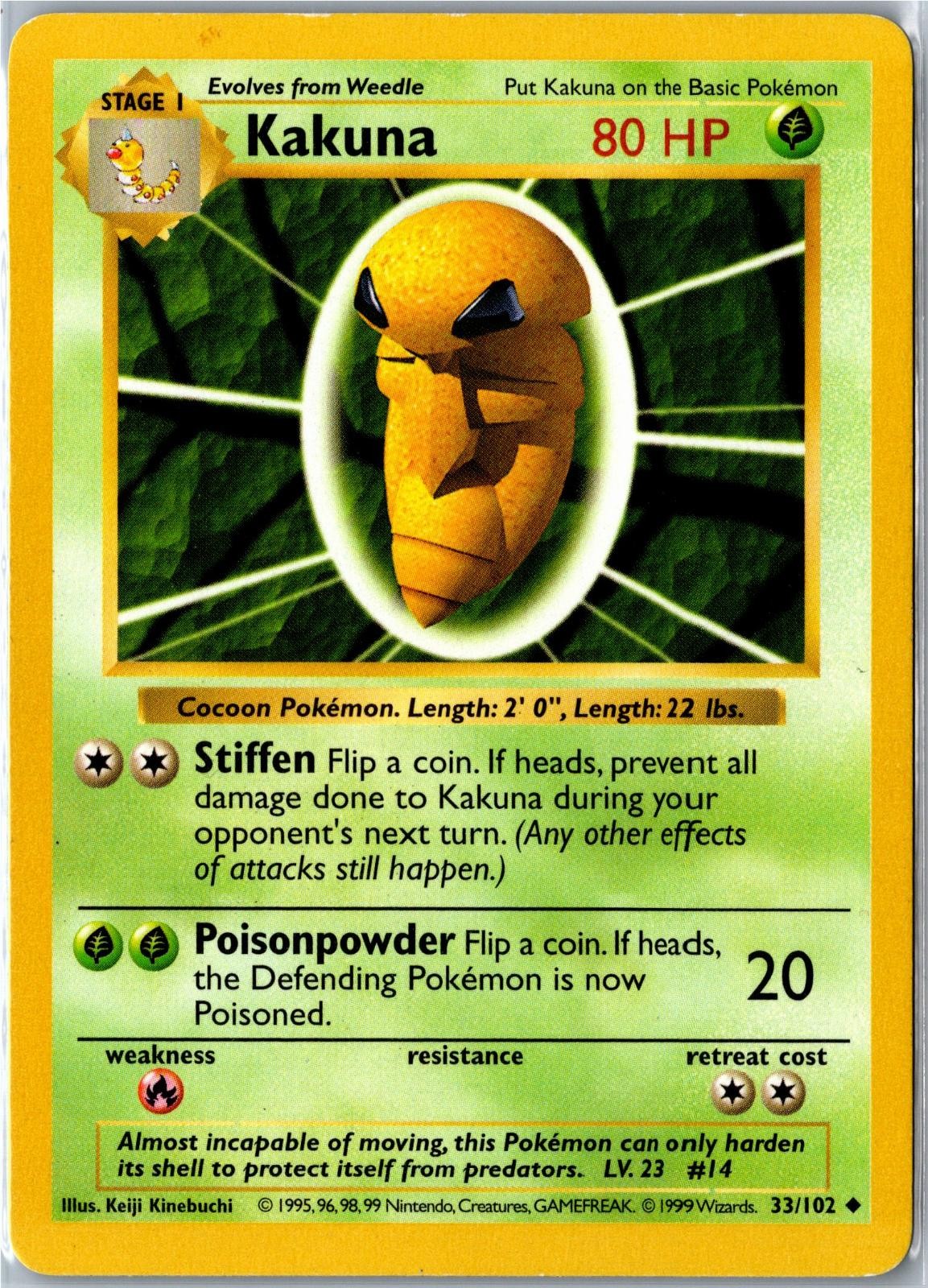 Pokemon Card – Kakuna Base Set Shadowless 33/102 1999 Uncommon Moderately Played