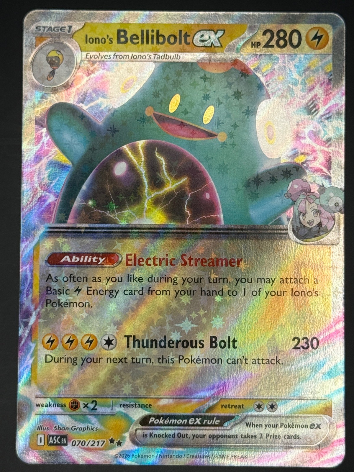 IONO’S BELLIBOLT EX 070/217 DOUBLE RARE ASCENDED HEROES POKEMON HOLO NM/M
