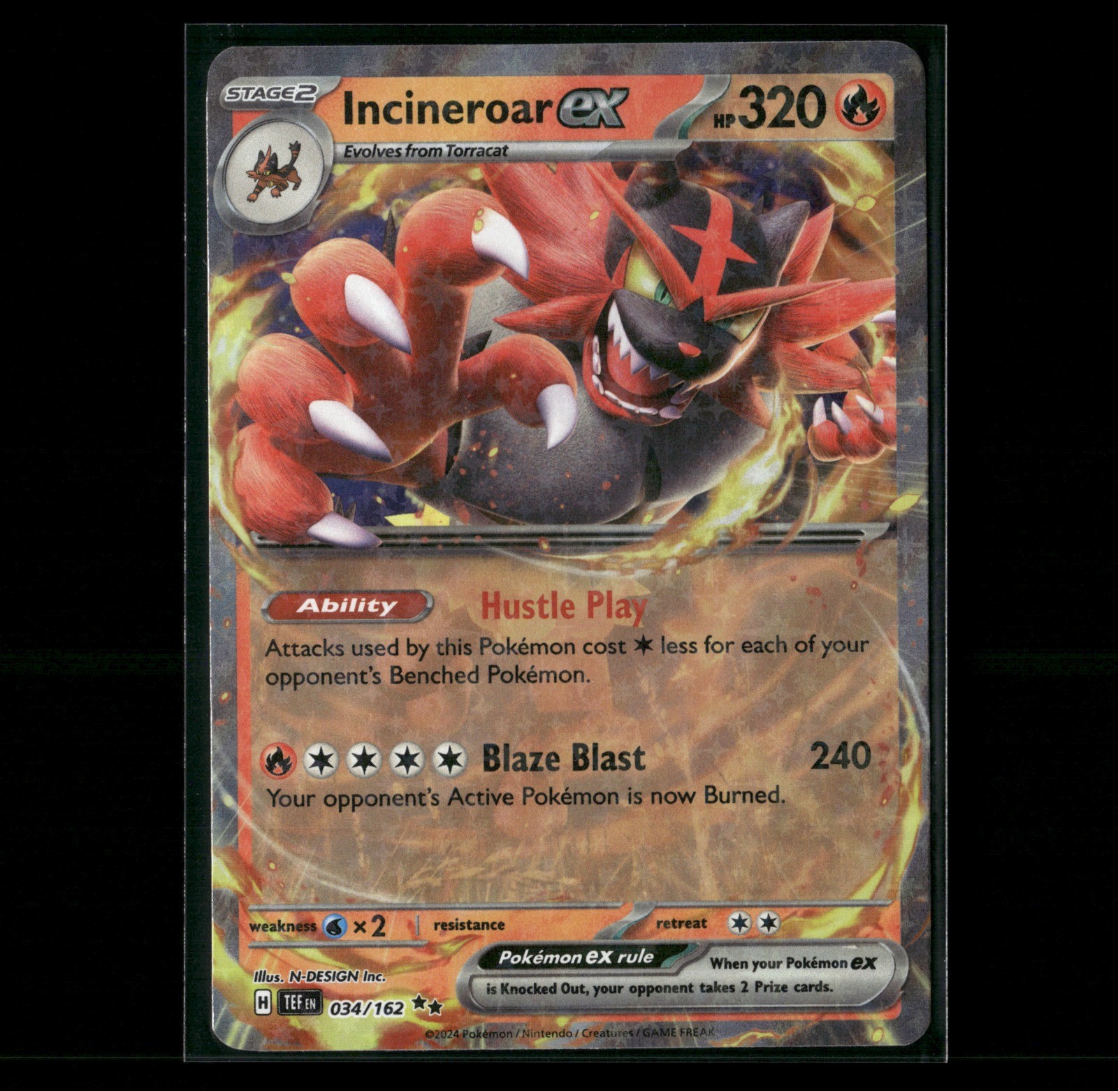 Incineroar ex – Double Rare Holo 034/162 Temporal Forces 2024 NM N-DESIGN Inc