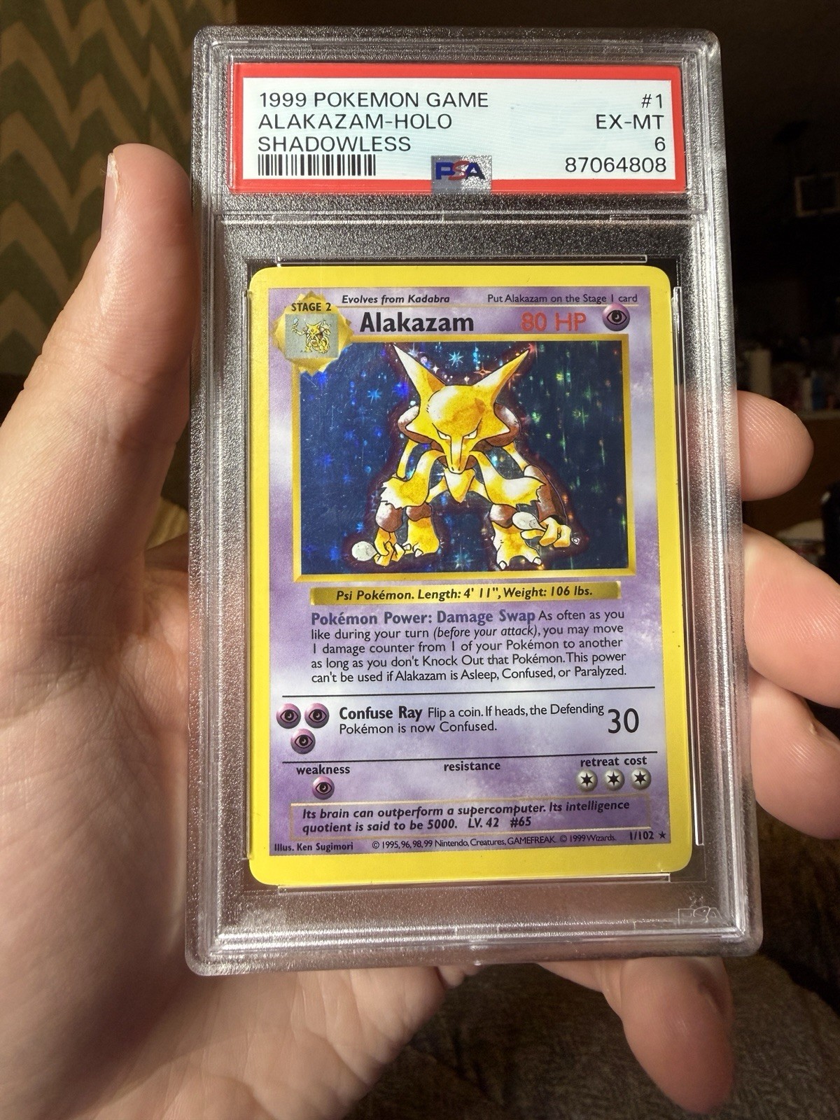 Pokémon Alakazam 001/102 Base Set Shadowless Holo Rare PSA 6 English