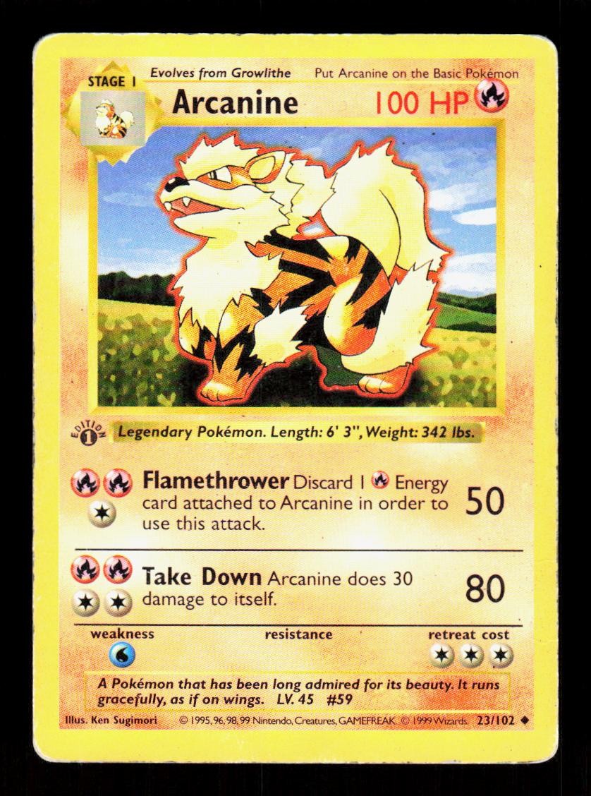 Arcanine 23/102 Uncommon Base Set Shadowless Pokemon 1st Edition HP