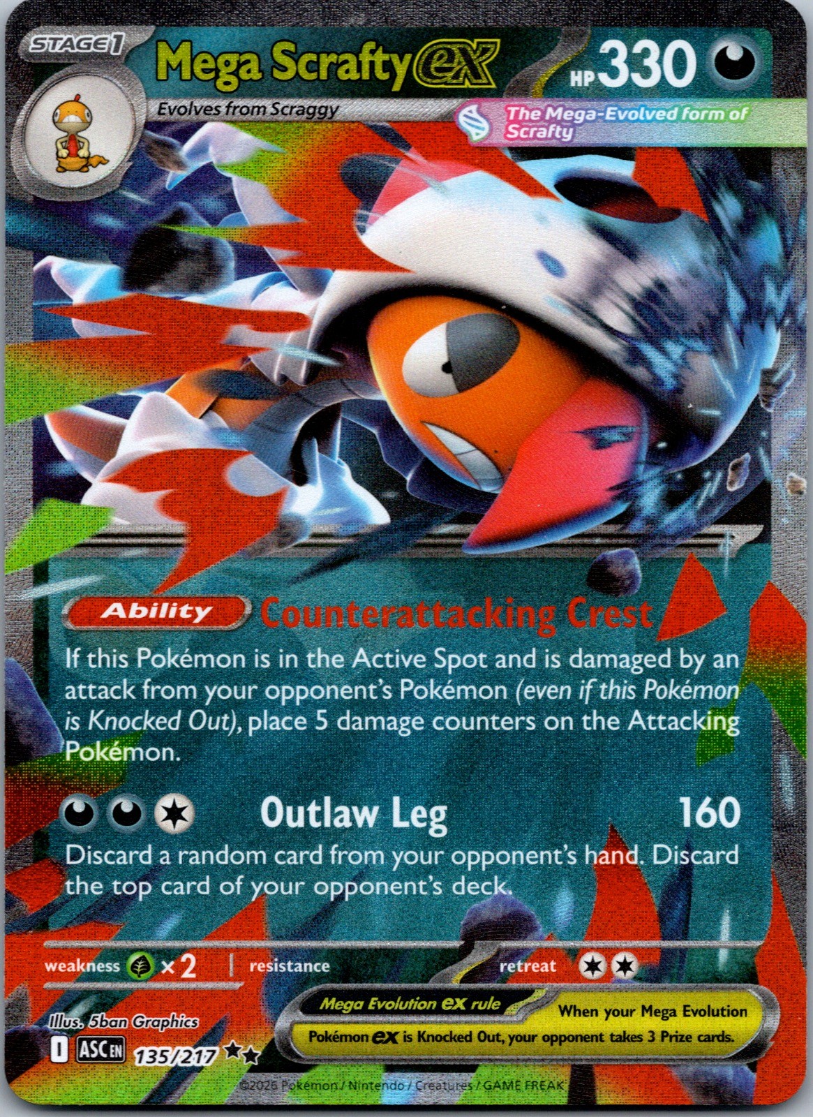 Mega Scrafty ex 135/217 Double Rare Ascended Heroes Pokemon Holo Near Mint