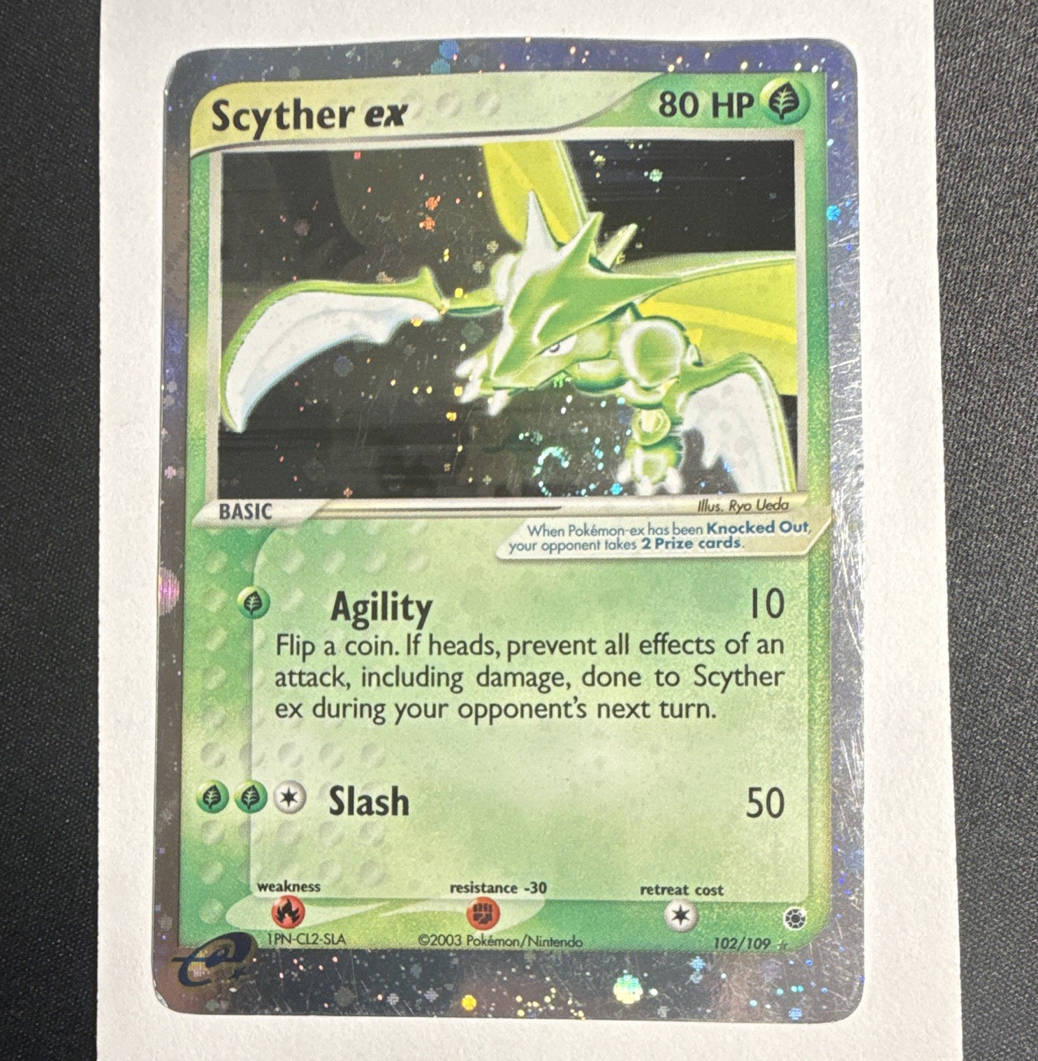 Scyther ex 102/109 EX Ruby & Sapphire Holo Ultra Rare 2003 – 🌀 SWIRL – MP