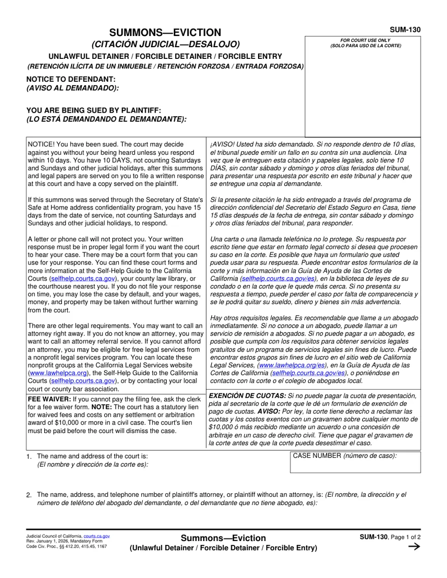 Page one of California court form SUM-130, the summons served on a tenant in an unlawful detainer eviction case, with the notice that you have 10 days, not counting weekends and court holidays, to file a written response
